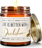 Dachshund Gifts for Women - 'Life is Better with a Dachshund' Candle, w/Vanilla, Coconut & Citrus - Infused w/Essential Oils I Weiner Dog Gifts for Women I Dachshund Decor I 50Hr Burn, USA Made