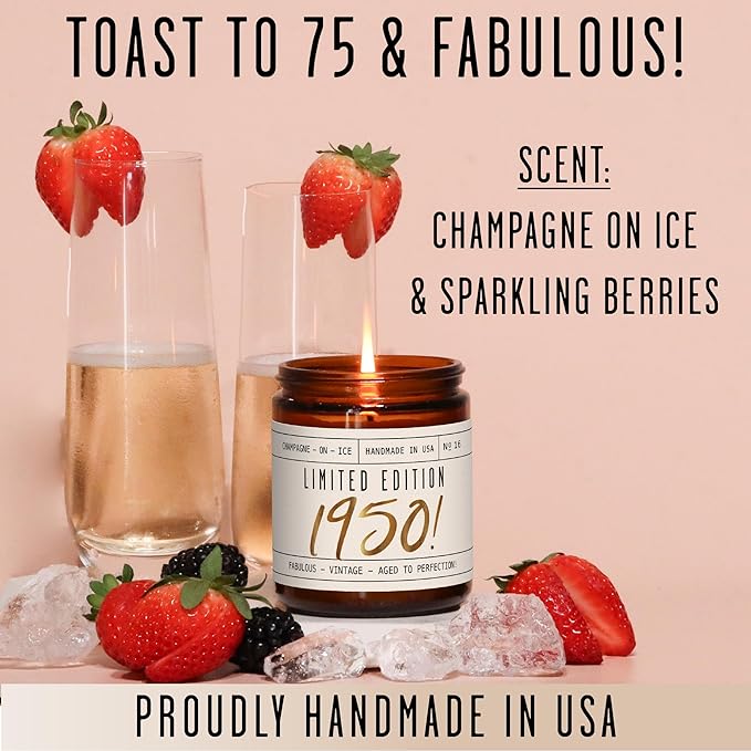 75th Birthday Gifts for Girls - 'Limited Edition 1950' Soy Candle, w/Champagne on Ice I 75 Birthday Gifts for Women I 75th Gift for Her Ideas I 9oz Reusable Jar, 50Hr Burn, Made in USA