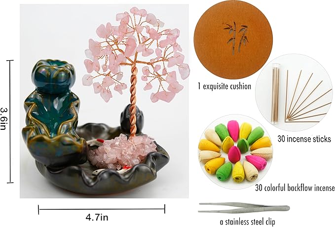 Backflow Incense Holder, Waterfall Incense Burner, Gemstone Money Tree Home Living Room Decorations Office Accessories for Women, Mothers Day Mom Gifts (Rose Quartz)
