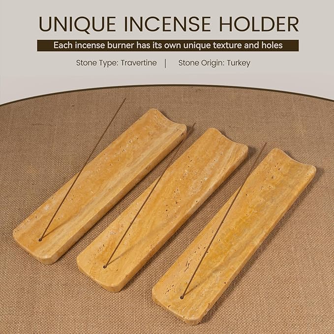 Koville Travertine Incense Holder, Incense Holder for Sticks, Long Incense Sticks Holder Ash Catcher for Meditation Yoga SPA, Natural Stone Incense Burner, Home Table Decor(Yellow)