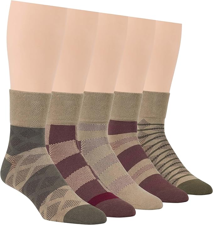 7BIGSTARS KINGDOM Men's Diabetic Extra Wide Cotton Quarter Socks - 5 Pack Big Tall - Geometric, Stripe Pattern - Sock Size 13-15 Shoe Size 12-15 XL Khaki, Brown, Olive Green