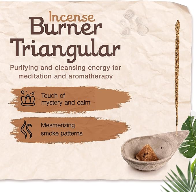 Incense Burner, Triangular Sahumador - Hand-Carved Cement Incense Holder, Ash Catcher for Sticks, Cones, Bombs & Smudges - 1 Piece, Perfect for Smudging, Yoga, and Meditation Accessories