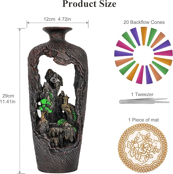 Mountain Waterfall Incense Burner Backflow Incense Burner Incense Fountain Smoke Waterfall with 20 Backflow Incense Cones，Tweezer，Mat (Vase Shape)