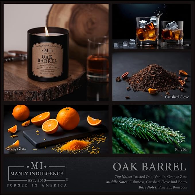 Manly Indulgence Oak Barrel Scented Candles for Men, 16.5 oz Single Wick, Premium Soy Blend Wax, 60H Burn, Candles for Home Scented – Made in The USA