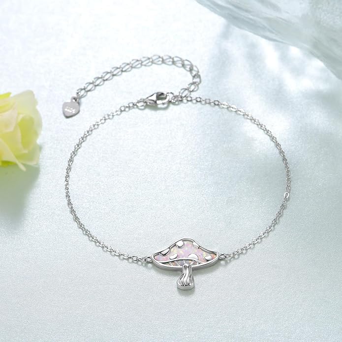 TYSO Mushroom Bracelet 925 Sterling Silver White/Pink/Blue Opal Mushroom Bracelet Jewelry Gift for Women