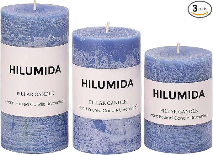 Blue Pillar Candles Set of 3 - Hand-Poured Unscented Candles,Smokeless Dripless Candles for Dinner Table and Home, Set of 3 in Different Sizes (3"x4", 3"x5", 3"x6")