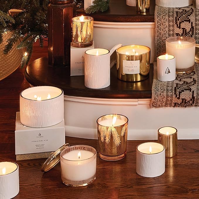 Thymes Frasier Fir Candle - Gilded Collection - Wood Grain Ceramic Design with 24-Karate Gold Rim - Mountain Fresh Fragrance - Elegant Winter Candle Scents - Gifts for Women & Men (Petite, 6 oz)