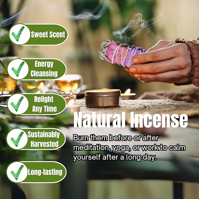 Rose Petals & Organic White Sage Smudge Sticks with Flowers for Cleansing Home, Meditation, Yoga, Healing and Smudging | Sustainably Sourced California White Sage Bundles (3 Pack - 6 Inch)