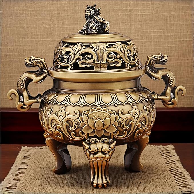 Chinese Solid Brass Incense Burner with Lion Lid - Handmade 670g Feng Shui Censer, 5.5 Inch Wide Mouth Brass Incense Burner for Zen Meditation Altar Decor, Gift Idea