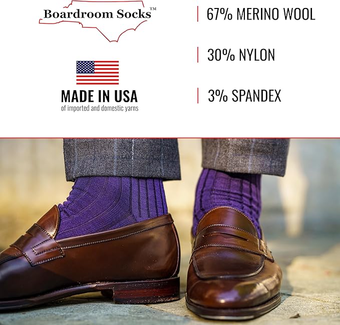 Merino Wool Mid-Calf Dress Socks for Men, Ribbed Dress Socks