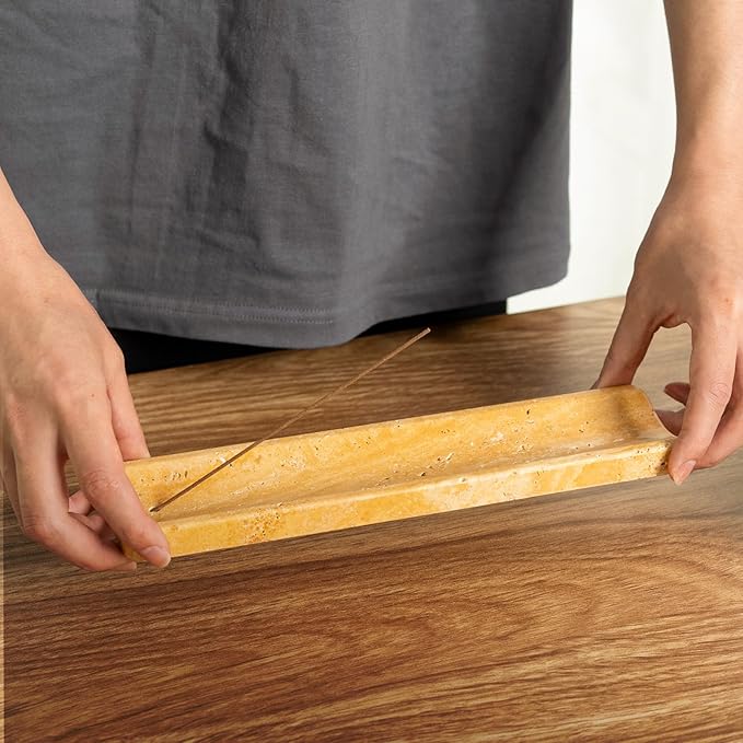 Koville Travertine Incense Holder, Incense Holder for Sticks, Long Incense Sticks Holder Ash Catcher for Meditation Yoga SPA, Natural Stone Incense Burner, Home Table Decor(Yellow)