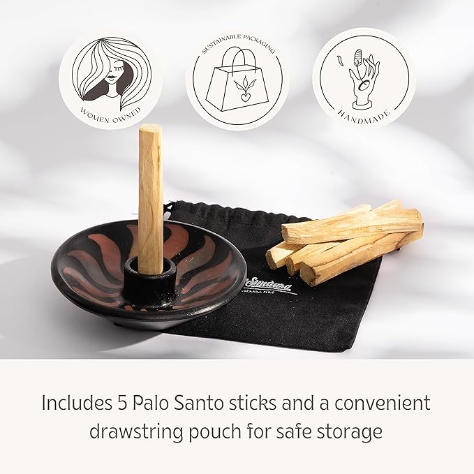Luna Sundara Authentic Peru Pottery Palo Santo Stick Holder and Incense Holder - Handmade Ceramic Smudge Bowl for Sage - Includes 5 Palo Santo Sticks (Red)