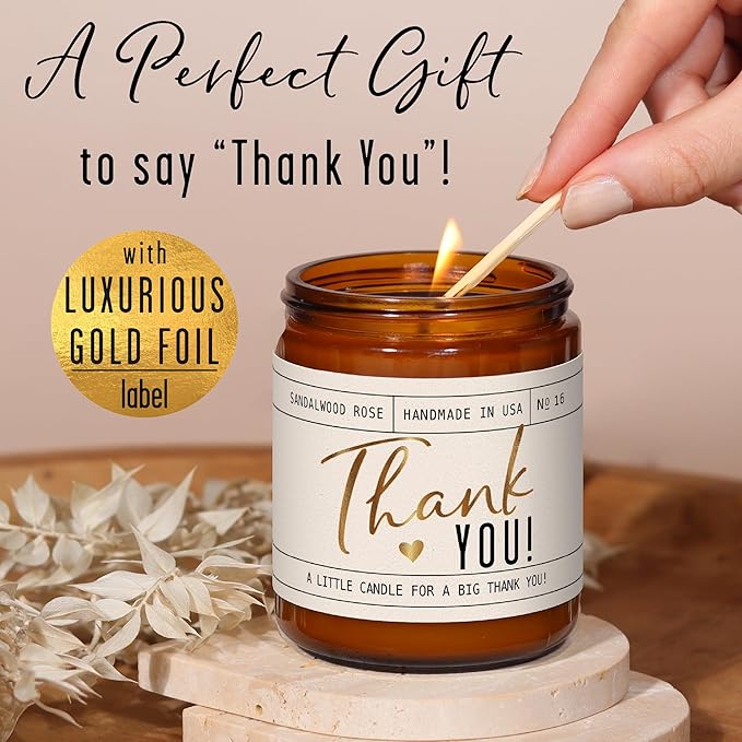 Thank You Gifts for Women - 'Thank You' Candle, w/Sandalwood Rose I Appreciation Gifts for Women I Thank You Gift for Friends, Couples, Coworkers, Boss, Teacher, Staff, Employee I 50Hr Burn, USA Made