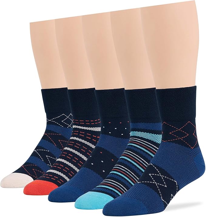 7BIGSTARS KINGDOM Men Diabetic Non-Binding Cotton Quarter Socks - 5 Pack Big Tall - Geometric, Stirpe, Dot Pattern - Sock Size 13-15 Shoe Size 12-15 XL Navy Blue, Denim Blue, Orange