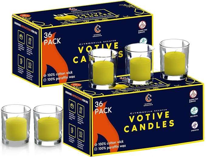 Candle Charisma Citronella Scented Votive Candles - 15 Hour Burn time - Set of 36 for Dinner, Wedding, Halloween and Holiday Decorations