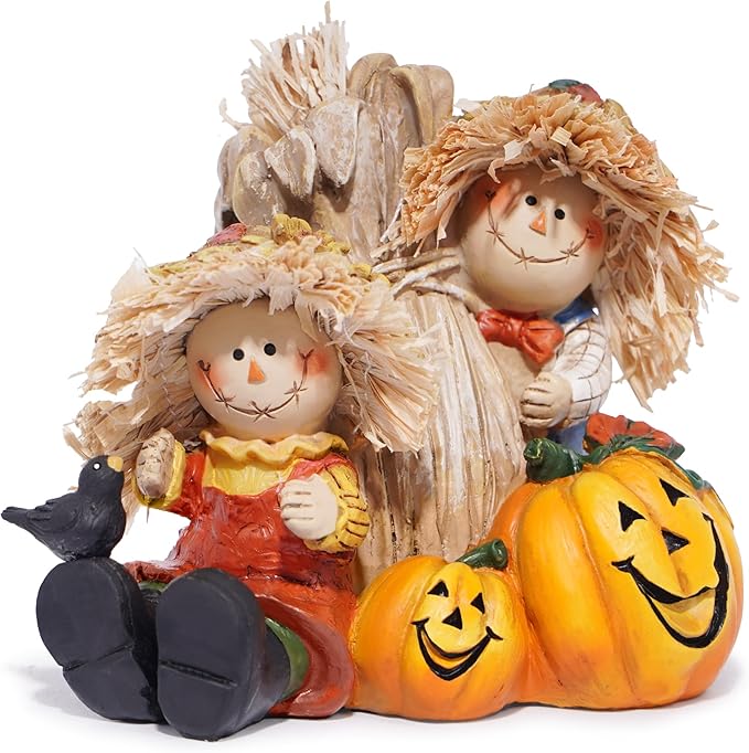 Hodao Fall Thanksgiving Scarecrow Figurine Decoration, 4" Resin Scarecrow with Straw, Pumpkin & Red Bird - Fall Harvest & Thanksgiving Decor for Home, Tabletop Display
