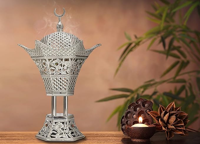AM Bakhoor Charcoal Incense Burner – Luxury Gold Frankincense Resin Burner for Oud, Bakhoor, Incense Sticks & Cones – Decorative Metal Holder with Removable Lid & Safe Flame Control (Silver)