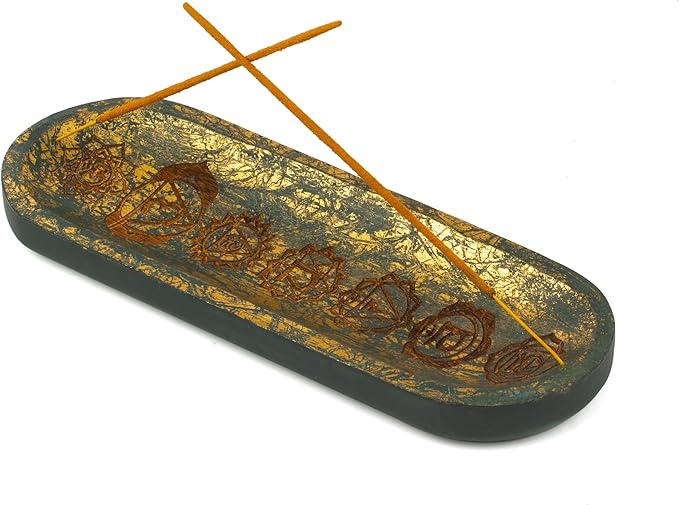 Hand Carved Incense Holder-Incense Burner/Ash Catcher/Handmade Wooden Insence Tray – Modern Gift Home/Room/Seven Chakra Blue Gold Kitchen Décor Size 11x4x1.5 Inches