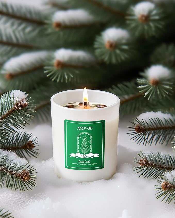 AOOVOO Winter Candles Set for Women - 4 Pack Candles for Home Scented, Aromatherapy Candle with Crystals, 28 oz 200 Hour Long Lasting Candle, Winter Fragrance of Cedar, Fir, Hot Cocoa, Vanilla Cake