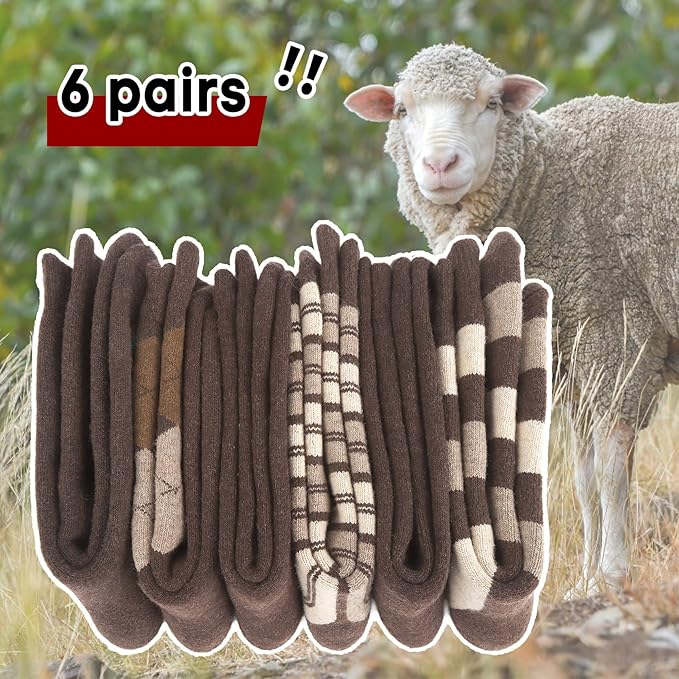 6 Pairs Merino Wool Socks for Men Thick Warm Thermal Winter Striped Dress Hiking Crew Men Socks Size 9-14