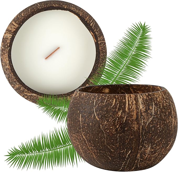 Restaurantware-Coco Casa 3.9 x 2.8 Inch Coconut Shell Candle, 1 Hand Poured Coconut Bowl Candle - Mint Leaf and Eucalyptus Fragrance, Double Wax Blend, Soy Wax Scented, Wooden Wick