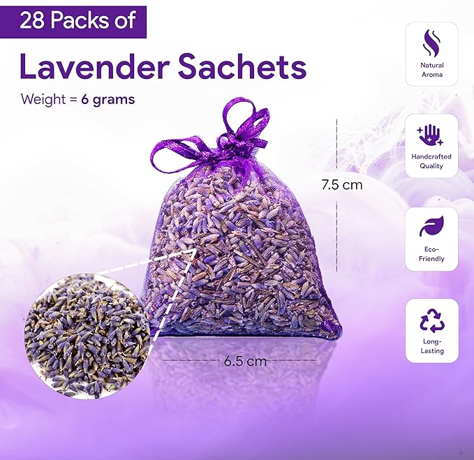 28 Pack Organic Lavender Sachet Bags for Drawers and Closets - Natural Fresh Dried Lavender French Potpourri Bags for Clothes Storage - Scented Sachets for Drawers, Wardrobes, Cars & Home.