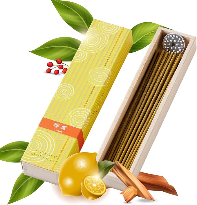 Hasegawa Hyakurakuko Premium Japanese Sandalwood Incense - Long Type, 40 Sticks with Aluminum Holder, 20-30 Min Burn Time, Made in Japan 線香 百楽香 (Lemon)