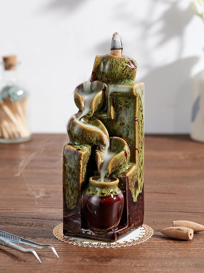 Unique Cascading Basins Ceramic Waterfall Incense Holder, Paired with a Pack of Backflow Incense Cones. (Fambe Green)