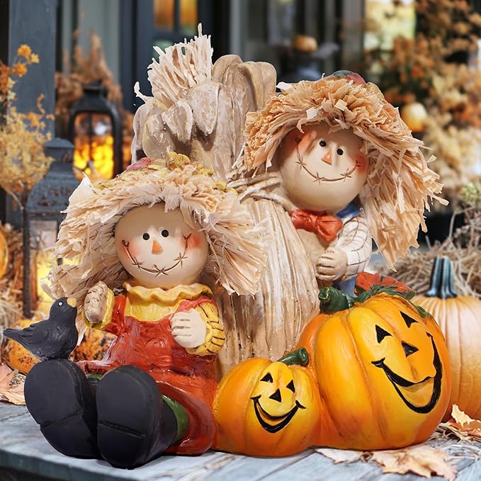 Hodao Fall Thanksgiving Scarecrow Figurine Decoration, 4" Resin Scarecrow with Straw, Pumpkin & Red Bird - Fall Harvest & Thanksgiving Decor for Home, Tabletop Display