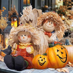 Hodao Fall Thanksgiving Scarecrow Figurine Decoration, 4" Resin Scarecrow with Straw, Pumpkin & Red Bird - Fall Harvest & Thanksgiving Decor for Home, Tabletop Display