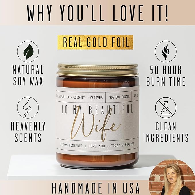 Wedding Anniversary Gifts for Wife, Wife Gifts - "To My Beautiful Wife" Soy Candle, w/Vanilla, Coconut & Vetiver I Gift for Wife from Husband I Anniversary Gifts for Women I 50Hr Burn, Made in USA