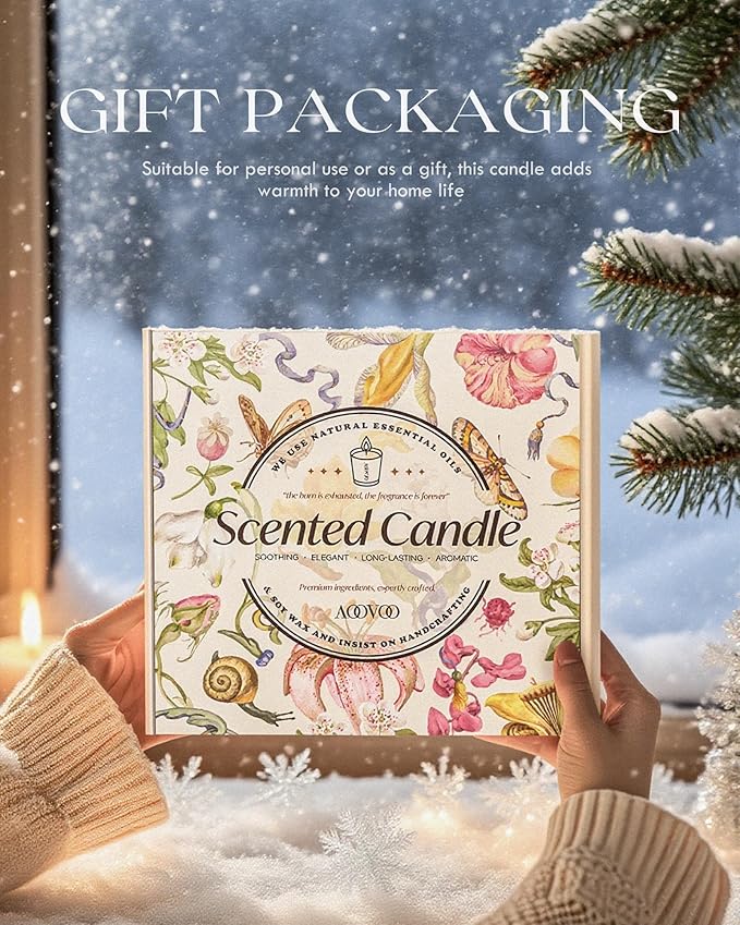 AOOVOO Winter Candles Set for Women - 4 Pack Candles for Home Scented, Aromatherapy Candle with Crystals, 28 oz 200 Hour Long Lasting Candle, Winter Fragrance of Cedar, Fir, Hot Cocoa, Vanilla Cake