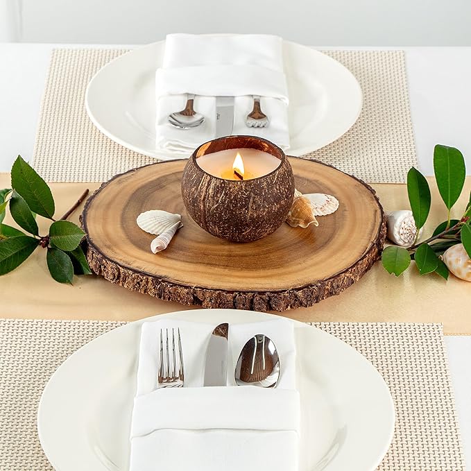 Restaurantware-Coco Casa 1 Hand Poured Coconut Shell Candles, 3.9 x 2.8 Inch Natural Shell Candles - Coconut Mango Fragrance, Double Wax Blend, Soy Wax Scented Light, Wooden Wick
