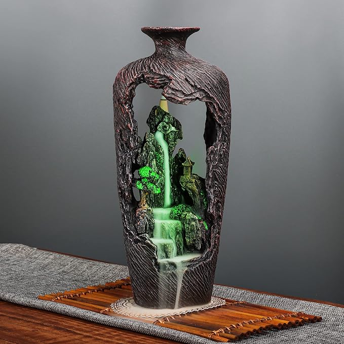 Mountain Waterfall Incense Burner Backflow Incense Burner Incense Fountain Smoke Waterfall with 20 Backflow Incense Cones，Tweezer，Mat (Vase Shape)