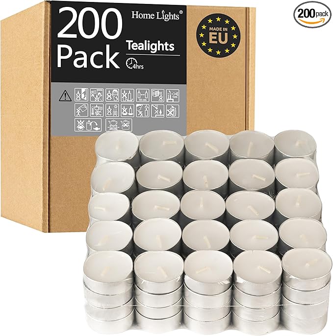 Tealight Candles - 4 Hours - Giant 100,200,300 Bulk Packs - HomeLights White Unscented European Smokeless Tea Lights for Shabbat, Weddings, Christmas, Home Decorative - 200 Pack