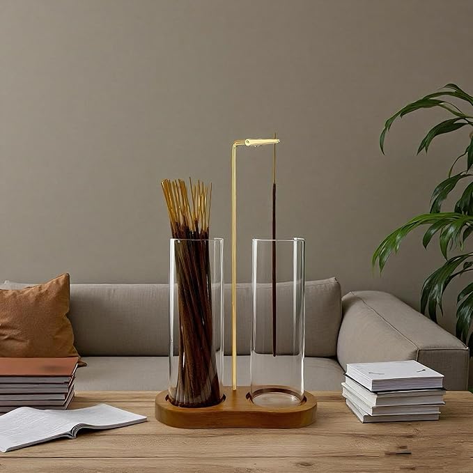 Glass Incense Holder,2 in 1 Incense Sticks Burner Holder with Storage,Hang Upside Down Incense Holder for Sticks with Glass Ash Catcher for Meditation Yoga Spa Room Decor (Brown)