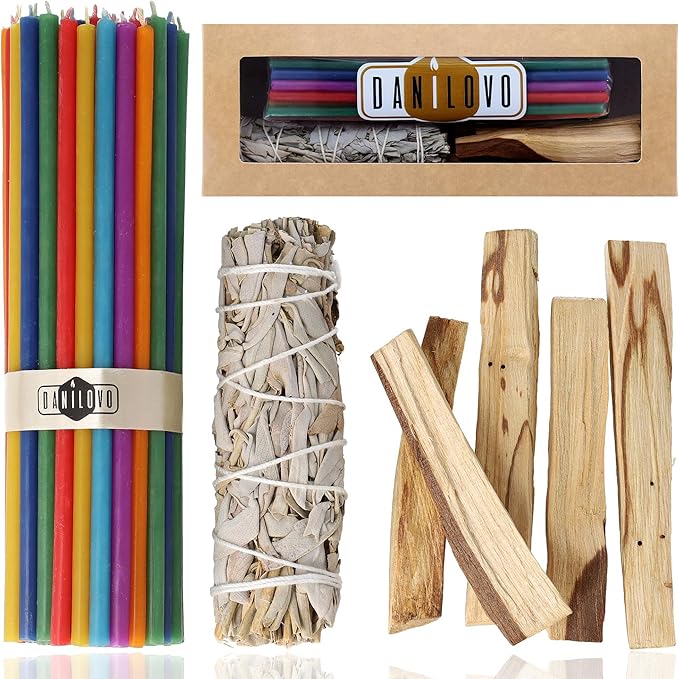 Danilovo Smudging Kit – 5 Palo Santo Sticks, 1 White Sage Smudge Stick and 50 pcs Chakra Colors Beeswax Taper Candles Set for Meditation, Cleansing, and Spiritual Practices