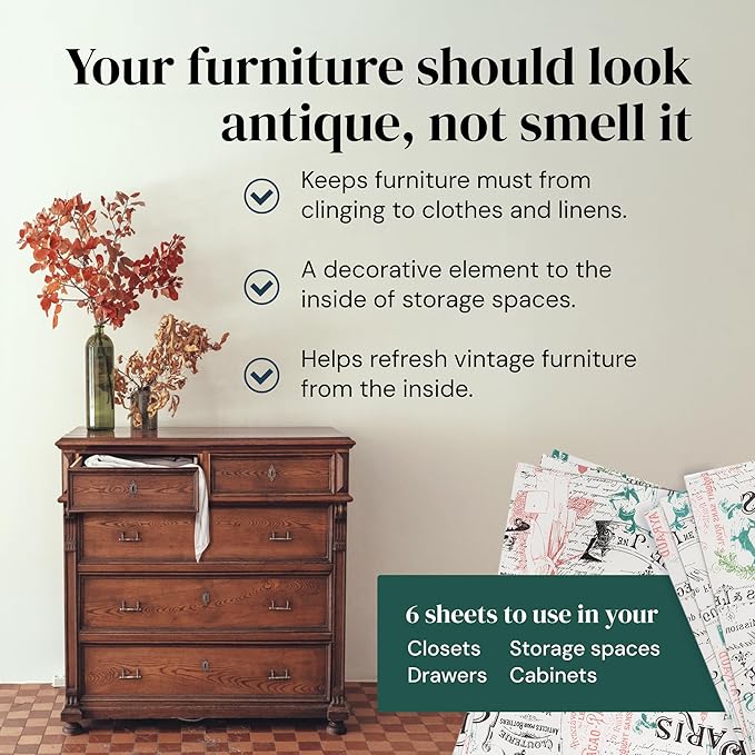 Scented Drawer and Shelf Liners - Vintage Charm - Six (6) Large 14 x 19.6 Inch Sheets - Non-Adhesive Paper Sheets for Closet Shelves and Dresser Drawers - (Vintage Paris)