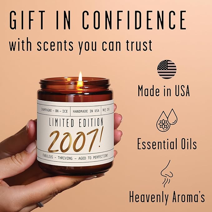 18th Birthday Gifts for Girls - 'Limited Edition 2007' Soy Candle, w/Champagne on Ice I 18 Birthday Gifts for Women I 18th Gift for Her Ideas I 9oz Reusable Jar, 50Hr Burn, Made in USA