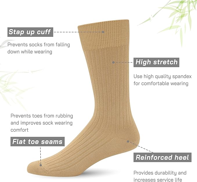 SERISIMPLE Men's Dress Socks - Bamboo Viscose Thin Ribbed Knit, Silky & Soft, Lightweight Business Crew Socks 5 Pairs
