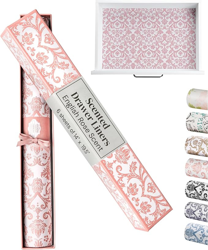 Shelf Paper - 14" x 19.5" (Royal Damask) English Rose Scented Drawer Liners for Dresser, Bedroom & Bathroom - Non-Adhesive Drawer Liner Paper - 6 Sheets