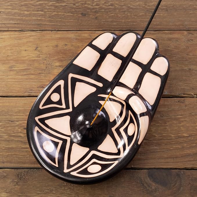 NOVICA Artisan Handmade Ceramic Incense Holder Black White Hamsa Amulet Peru 'Black White Hamsa'