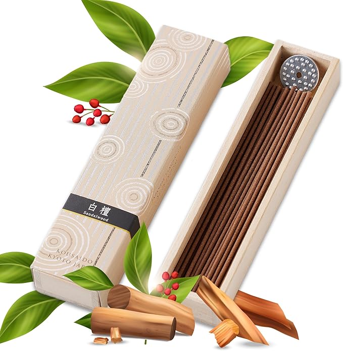 Hasegawa Hyakurakuko Premium Japanese Sandalwood Incense - Long Type, 40 Sticks with Aluminum Holder, 20-30 Min Burn Time, Made in Japan 線香 百楽香 (Sandalwood)