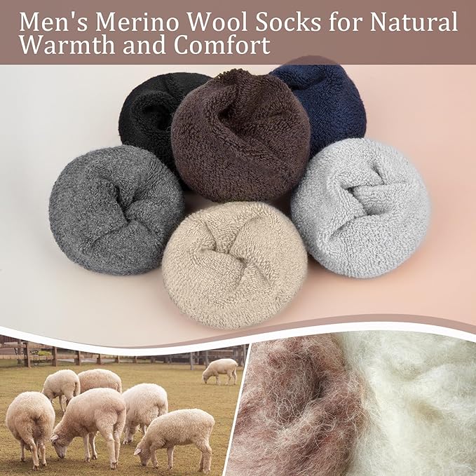 6 Pairs Merino Wool Socks for Men Thick Warm Thermal Winter Striped Dress Hiking Crew Men Socks Size 9-14