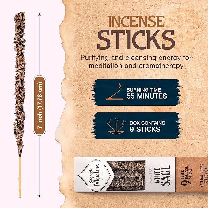9 pcs Wildly Harvested - White Sage Incense Sticks, 7" Long - Thick Aromatic Incense Sticks (45-55 min Burning Time) to Neutralize Negative Energies & Harmonizing Spaces