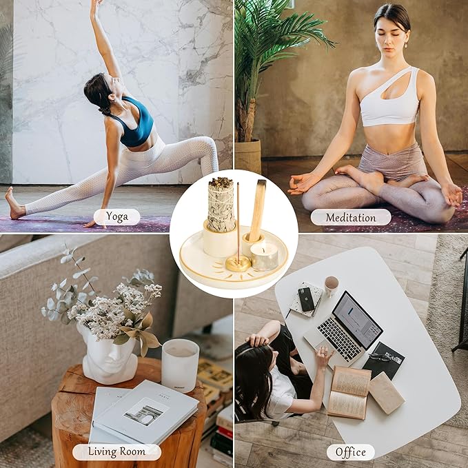 ZenBless Multifunction Incense and Candle Holder for Burning Sage, Palo Santo, Incense Sticks - 5.9" Ceramic Ash Catcher Tray for Meditation Room Home Decor (Gold)