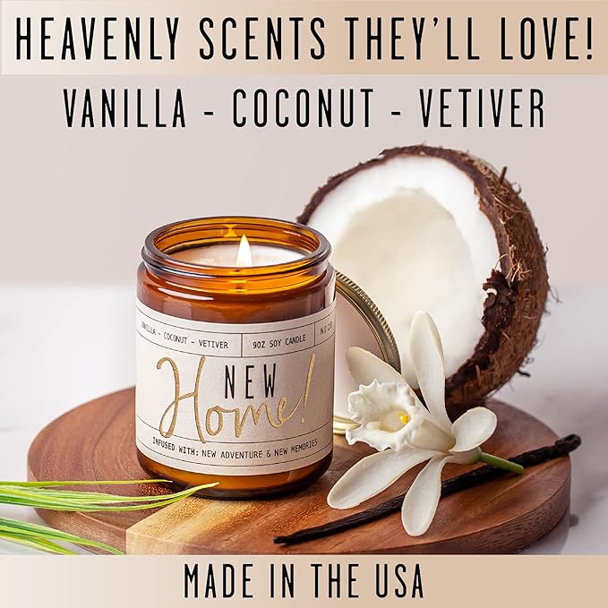 Housewarming Gift, House Warming Gifts New Home, Housewarming Gifts for New House - 'New Home' Soy Candle, w/Vanilla, Coconut & Vetiver I New Home Gifts for Home I 9oz Jar, 50Hr Burn, Made in USA
