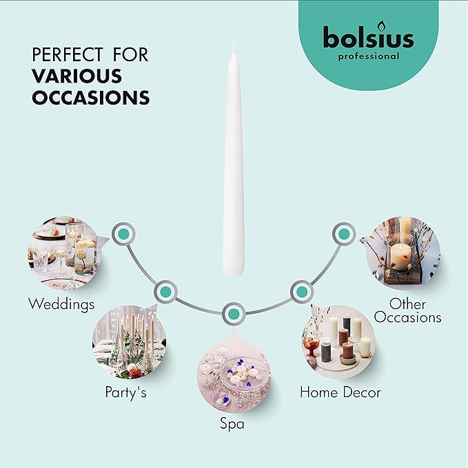 BOLSIUS 60 Count Household White Taper Candles - 10 Inches - Premium European Quality - 8 Hours Burn Time - Unscented Dripless and Smokeless Home Decor, Restaurant, Wedding, and Party Candlesticks