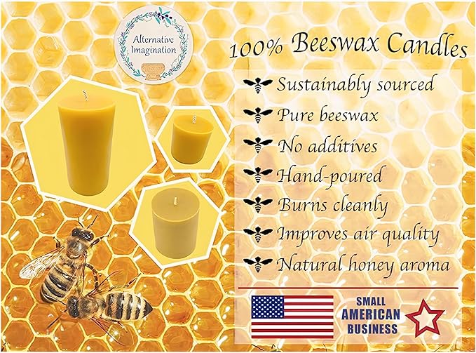 4 Pack of Beeswax Votive Candles - 100% Pure, Natural Beeswax with Natural Light Honey Scent - 15 Hour Burn - Alternative Imagination