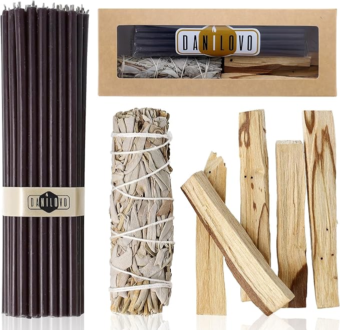Danilovo Smudging Kit – 5 Palo Santo Sticks, 1 White Sage Smudge Stick and 50 pcs Beeswax Taper Candles Set for Meditation, Cleansing, and Spiritual Practices, Handcrafted, Eco-Friendly